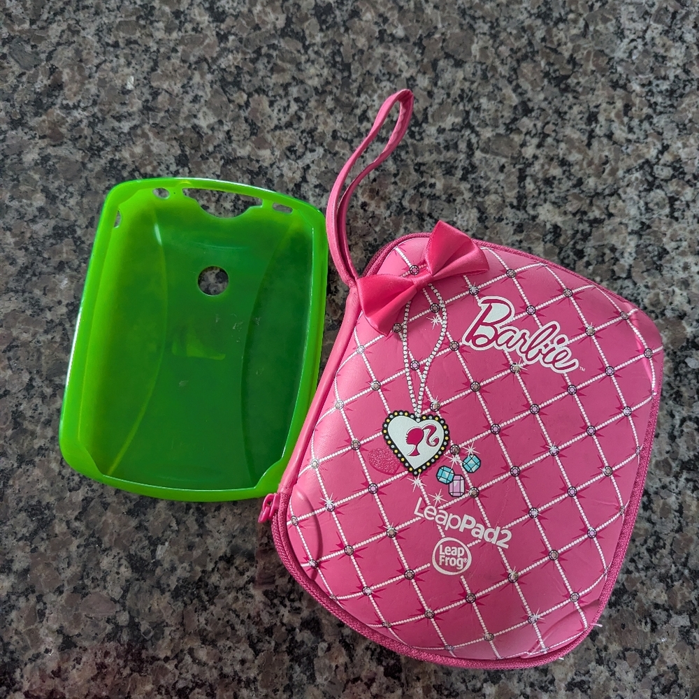 Barbie LeapFrog LeapPad Pink Case w/ Green Cover, Power Plugs & Games.